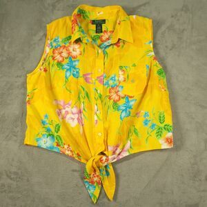Lauren Ralph Lauren Button Up Shirt Womens 2XL Floral Linen Sleeveless Tie Front